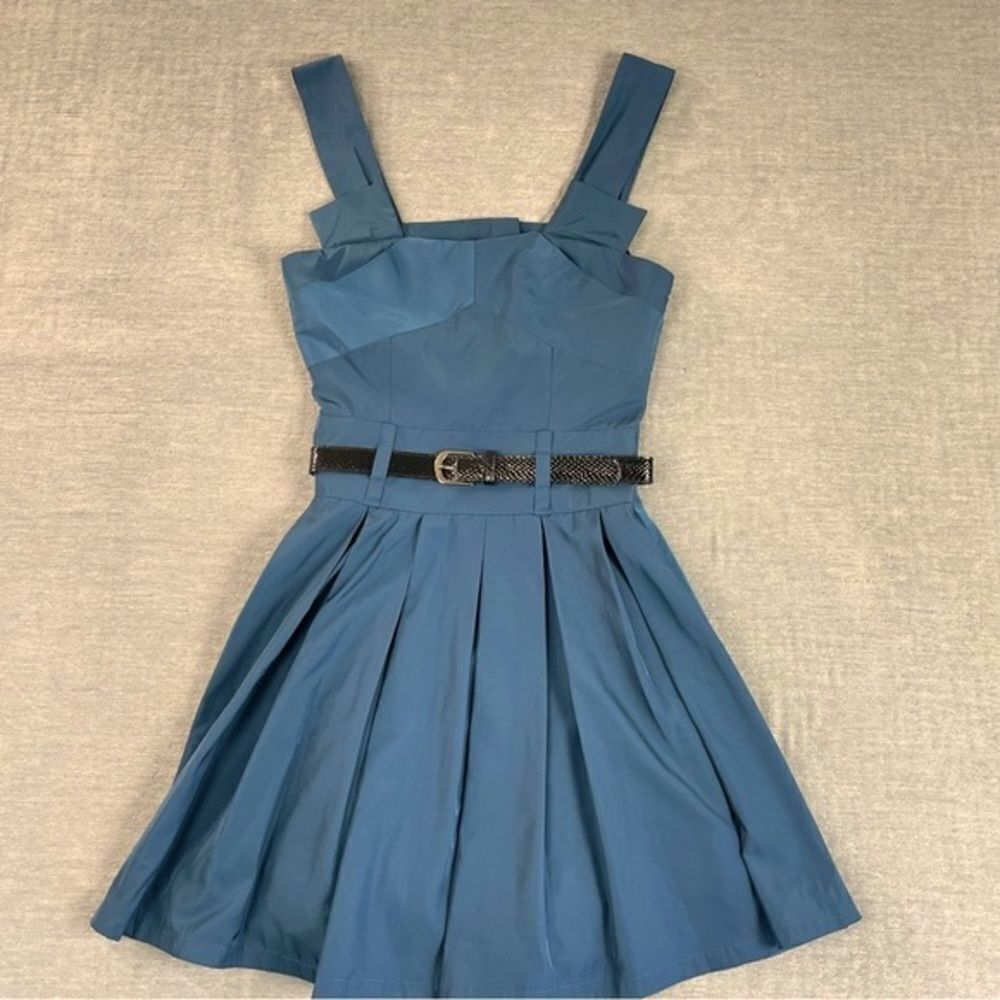 Bebe ANDEE Dress Blue Fit & Flare Belted Polyester Retro Mini Dress Women’s XS